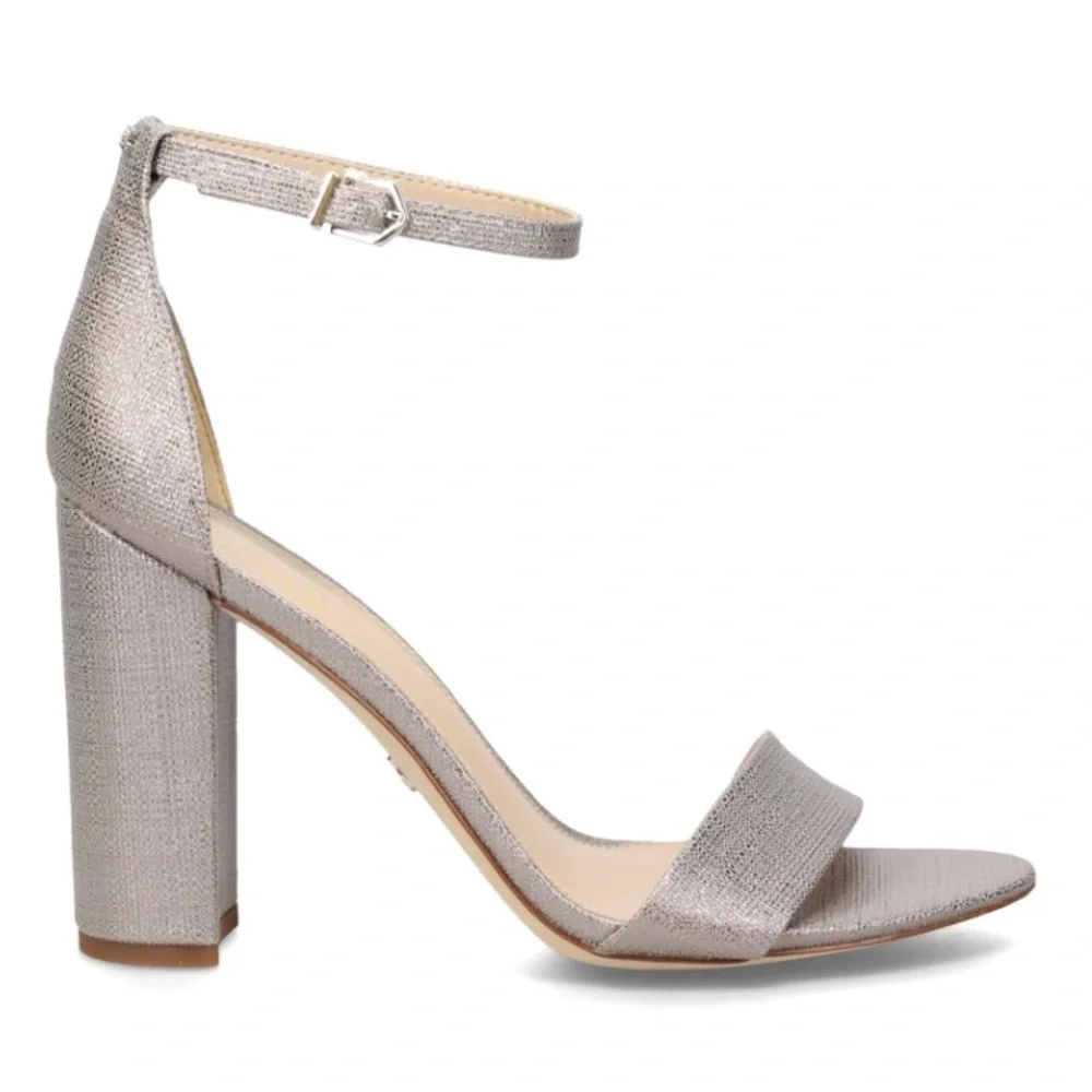 Sam Edelman Silver Textured Ankle-Strap Block Heel Sandals